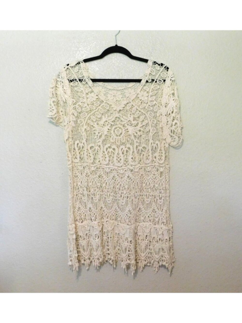 Crochet Lace Tunic Top Womens XL Cream Short Sleeves Boho Style - Picture 5 of 8